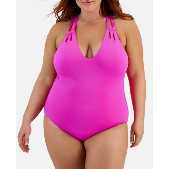 Becca Rebecca Virtue Sz 0X 14 16 Swimsuit Pink Strappy One Piece Plus Size New - Picture 1 of 6